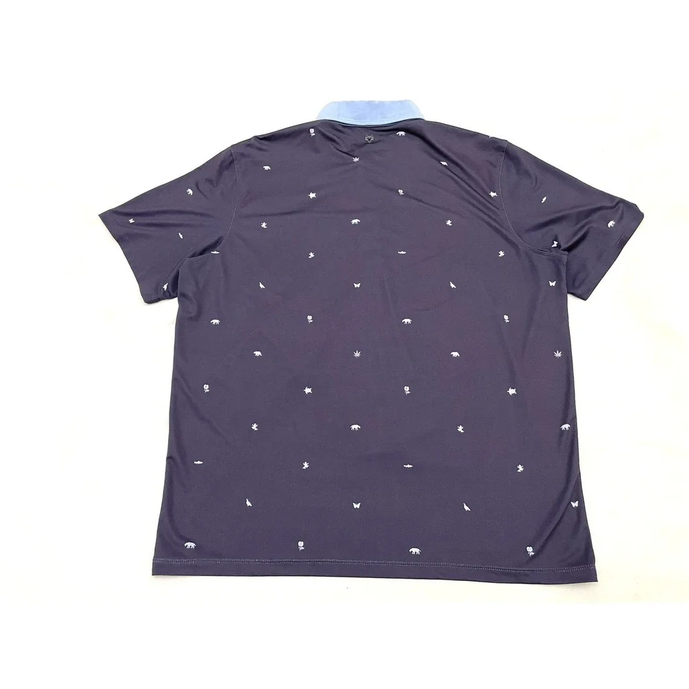 Greyson Performance Polo Shirt L Navy Blue Nature Pattern Stretch Wicking Golf